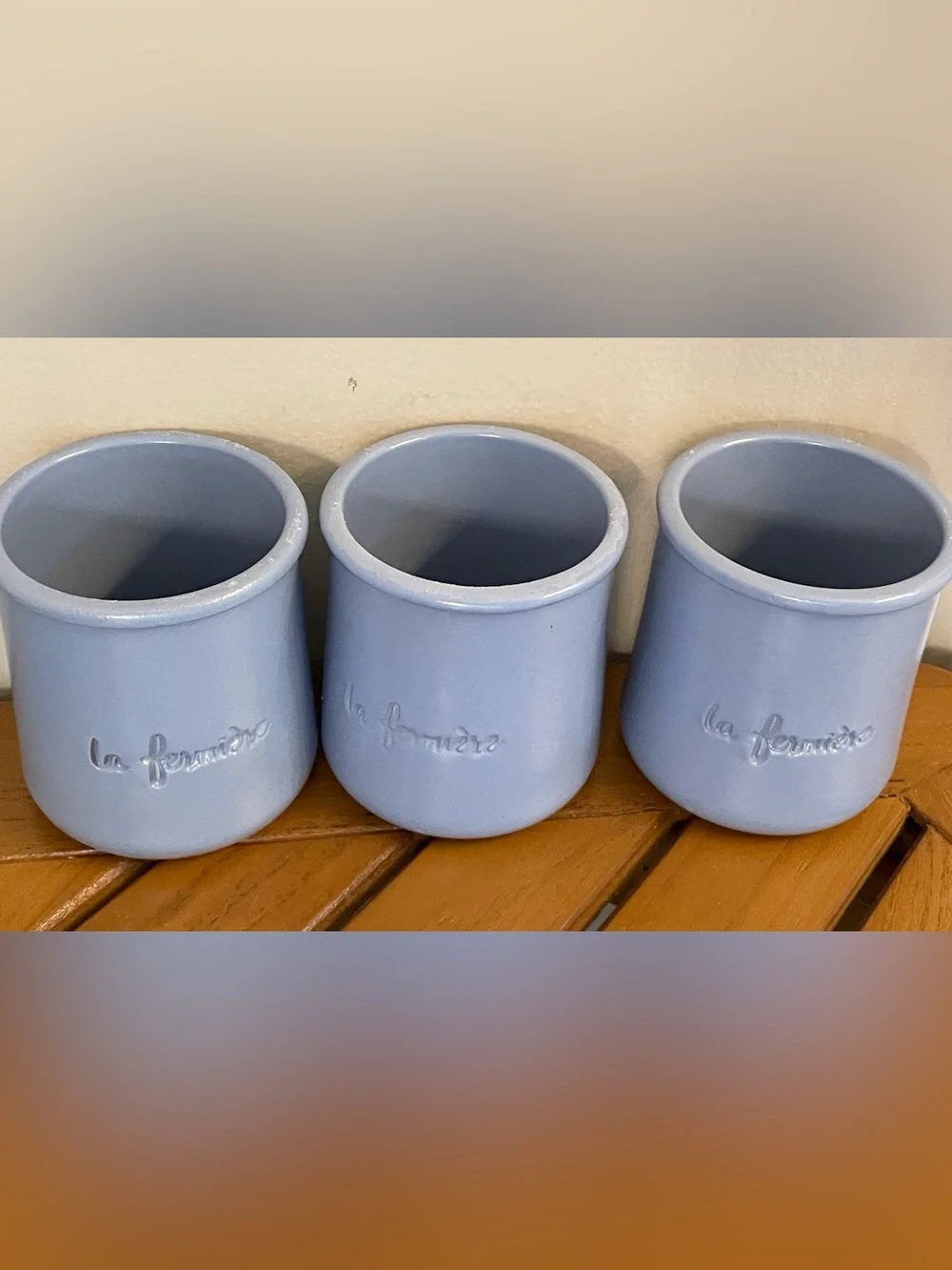 9 [Pics of 6 + 3] Blue-Lavender Fermiere French Yogurt terracotta pots.